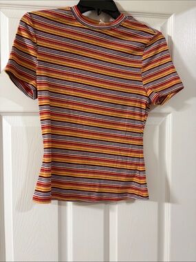 Striped Ribbed Short-Sleeve Top in Multi-Color